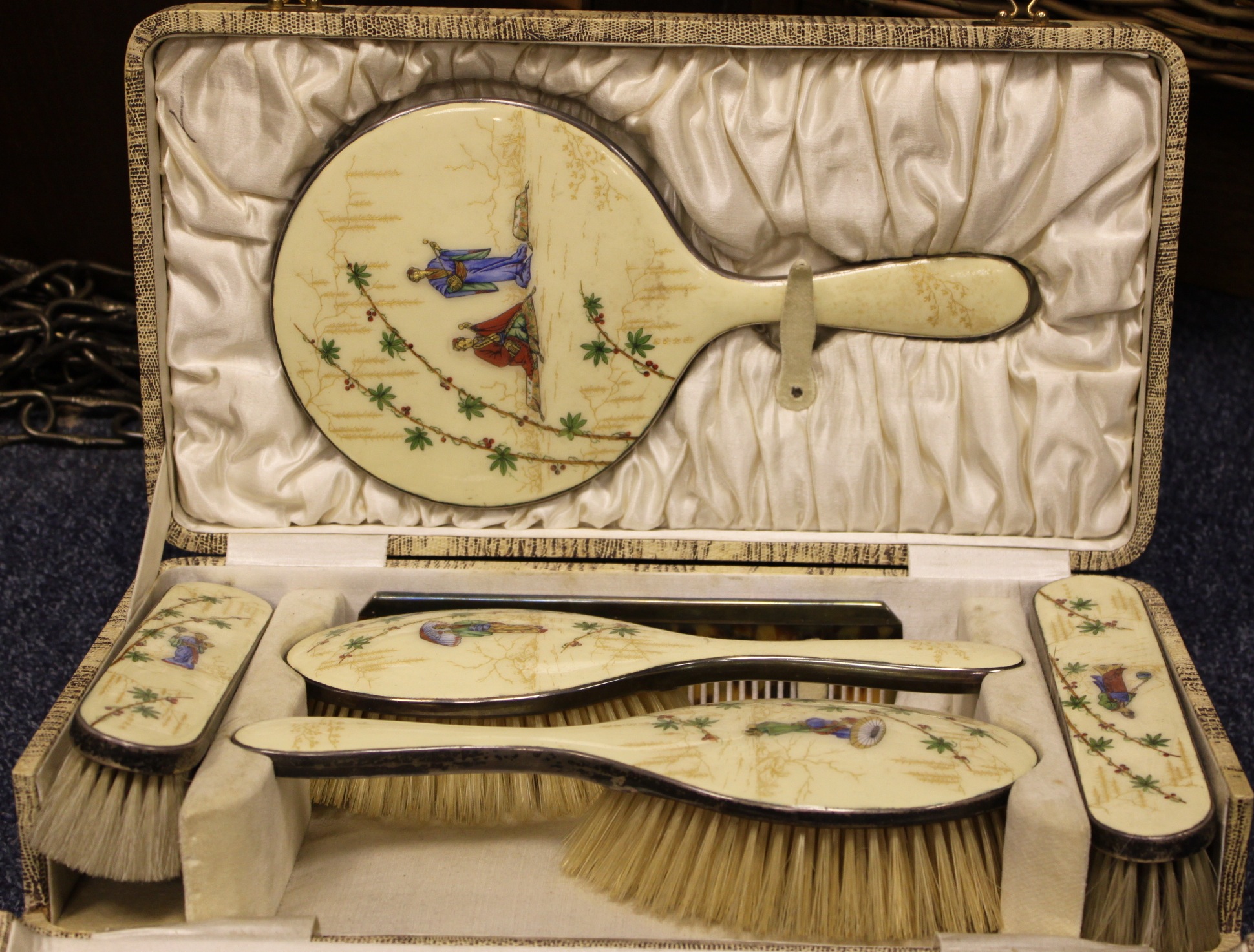 6PIECE SILVER/CREAM ENAMEL 'JAPANESE' DRESSING TABLE SET